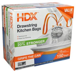 hdx 716866 13-gallon drawstring .9 mil tear resistant expandable kitchen trash bag w/ dispensing container (150 count) [packaging may vary]