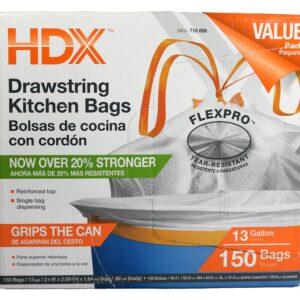 HDX 716866 13-Gallon Drawstring .9 Mil Tear Resistant Expandable Kitchen Trash Bag w/ Dispensing Container (150 Count) [Packaging May Vary]