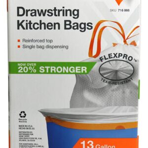 HDX 716866 13-Gallon Drawstring .9 Mil Tear Resistant Expandable Kitchen Trash Bag w/ Dispensing Container (150 Count) [Packaging May Vary]