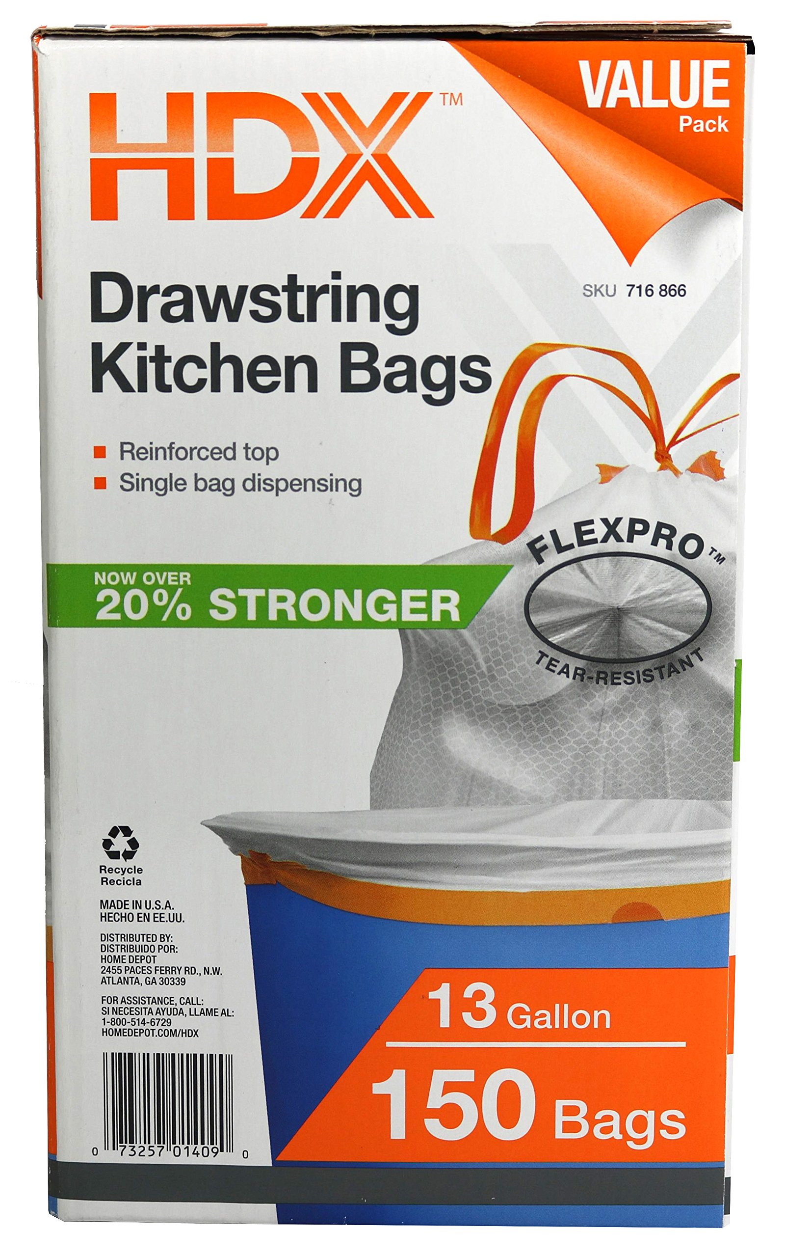 HDX 716866 13-Gallon Drawstring .9 Mil Tear Resistant Expandable Kitchen Trash Bag w/ Dispensing Container (150 Count) [Packaging May Vary]