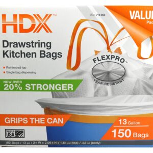 HDX 716866 13-Gallon Drawstring .9 Mil Tear Resistant Expandable Kitchen Trash Bag w/ Dispensing Container (150 Count) [Packaging May Vary]