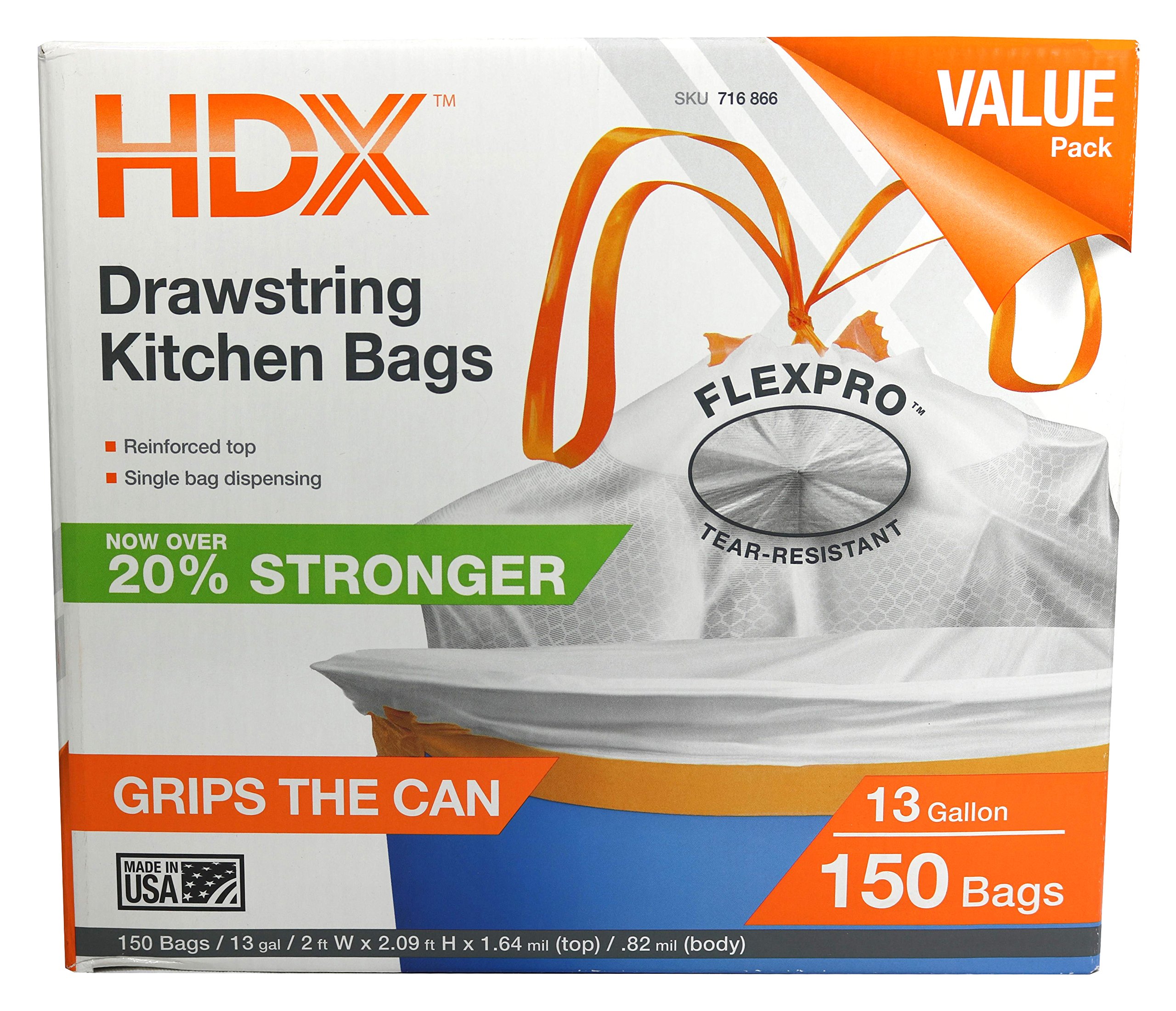 HDX 716866 13-Gallon Drawstring .9 Mil Tear Resistant Expandable Kitchen Trash Bag w/ Dispensing Container (150 Count) [Packaging May Vary]