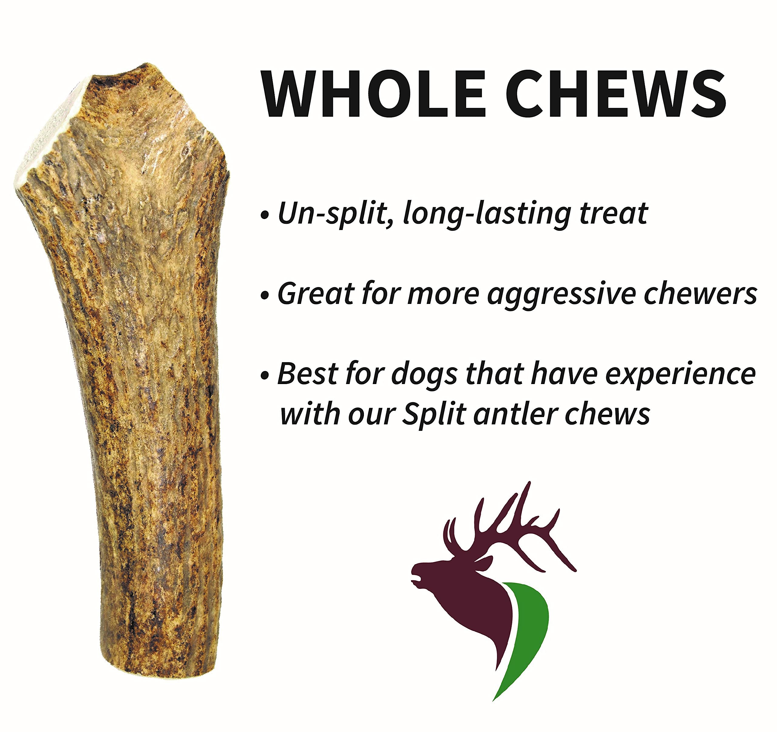 Elkhorn Premium Chews - Large Whole Single Pack (for 35-65 lb Dogs) Premium Grade Elk Antler for Dogs (1 Piece) Sourced in The USA