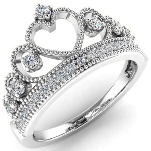 Sterling Silver Rhodium Plated Heart Princess Crown CZ Band Ring Size 7