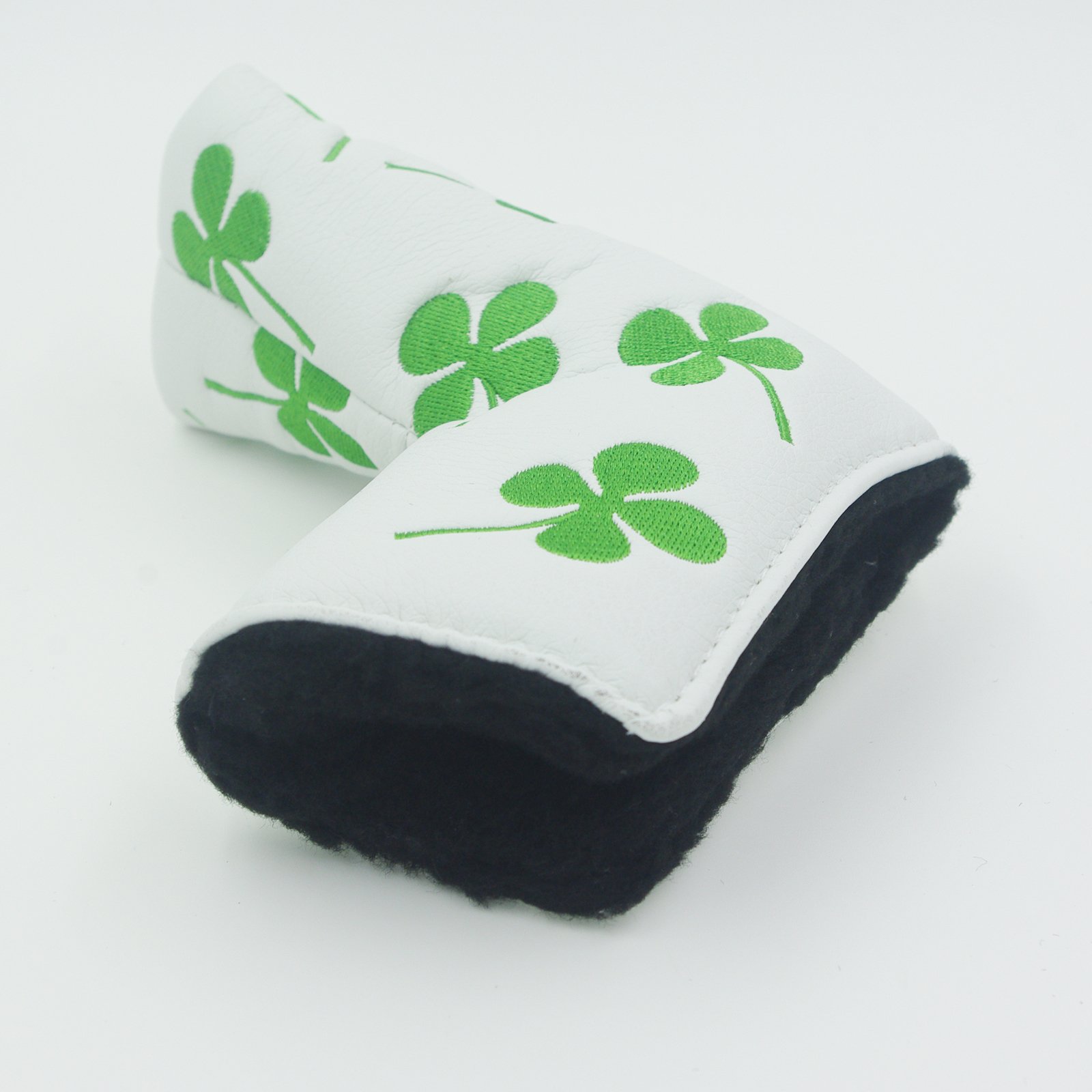 Ronsit Green Four-Leaf Clover Golf Putter Head Cover Headcover Shamrock Embroidered Blade Fit All Brands (White)