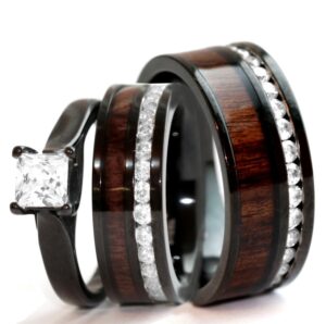 his & hers natural koa wood cz 3 pcs surgical black stainless steel engagement wedding rings set (size his 13, hers 09)