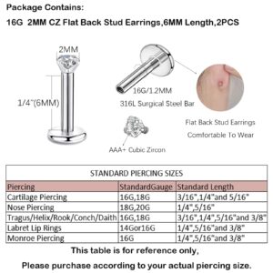 CANDYFANCY 16g 2/3/4mm Cubic Zirconia Triple Forward Helix Ear Cartilage Tragus Studs Earrings Lip Piercing 16 gauge (2mm stone, 6mm Length, 2pcs)