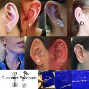 CANDYFANCY 16g 2/3/4mm Cubic Zirconia Triple Forward Helix Ear Cartilage Tragus Studs Earrings Lip Piercing 16 gauge (2mm stone, 6mm Length, 2pcs)