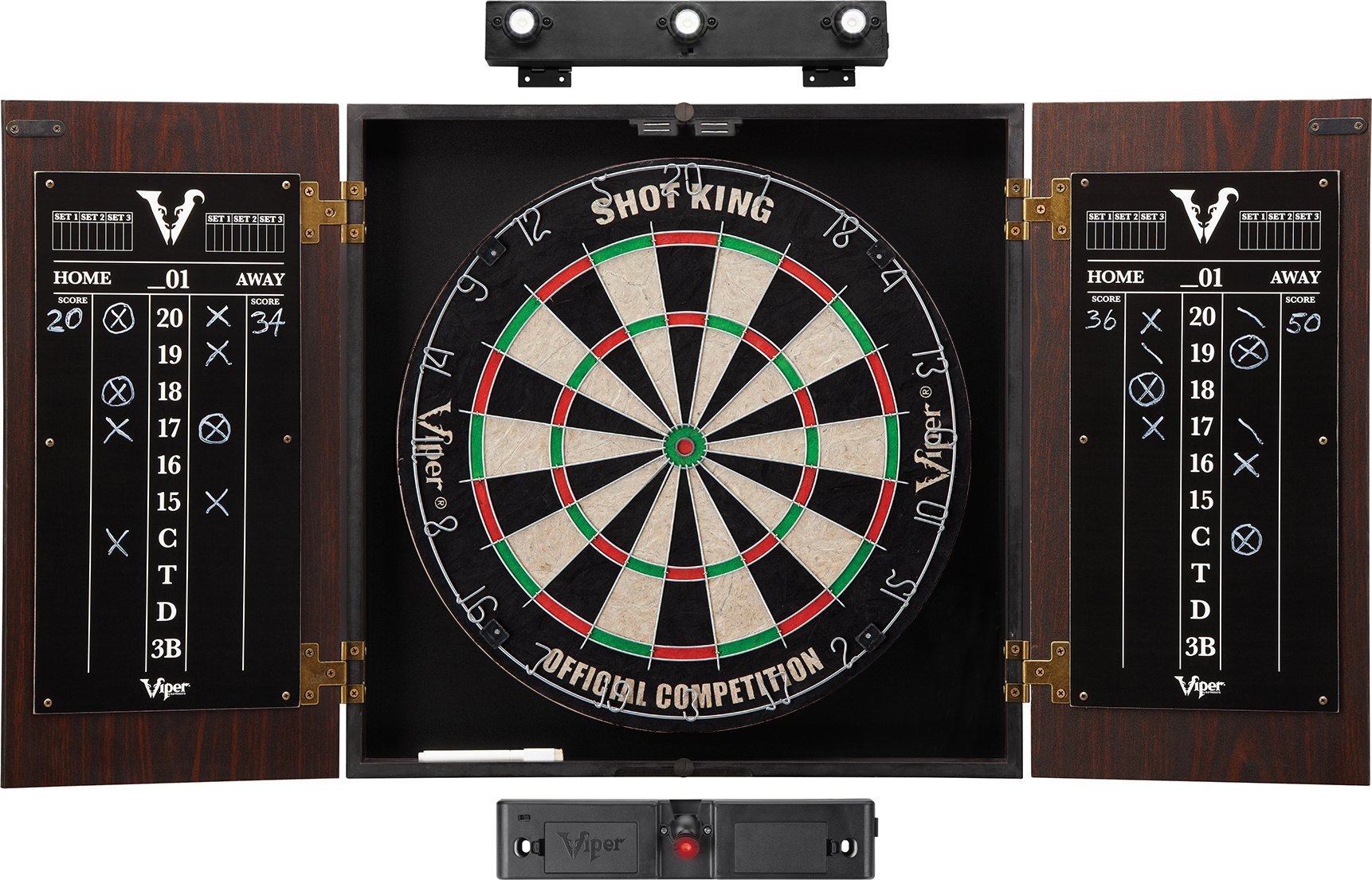 Viper Stadium Cabinet & Shot King Sisal/Bristle Dartboard Ready-to-Play Bundle: Elite Set (Shot King Dartboard, Darts, Shadow Buster and Laser Throw Line), Black (40-1213)