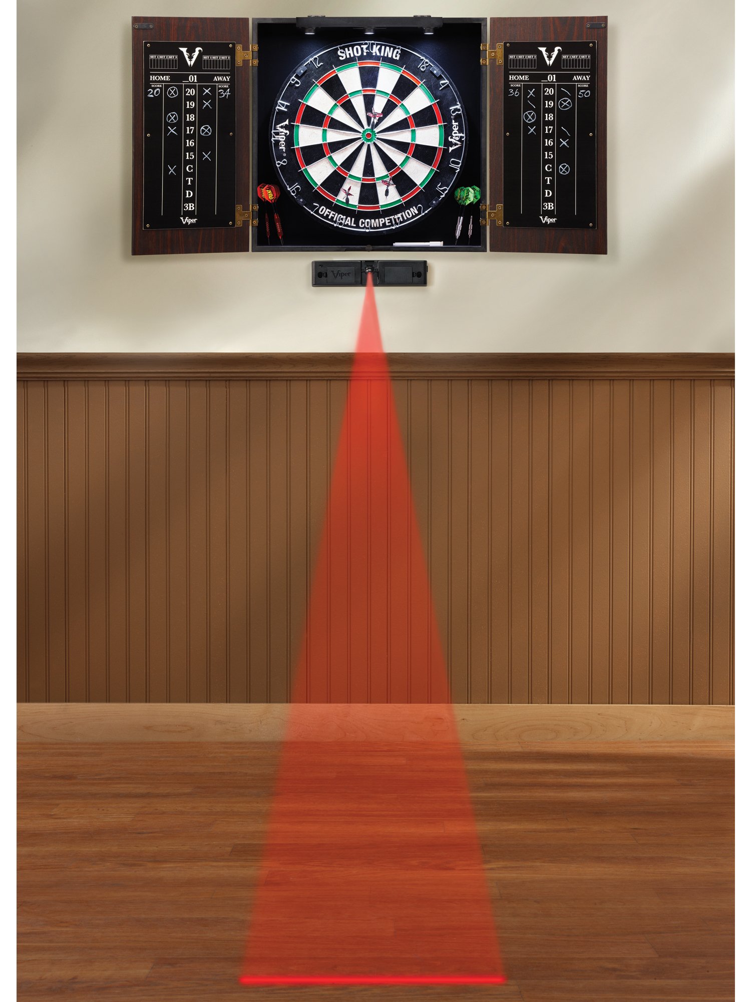 Viper Stadium Cabinet & Shot King Sisal/Bristle Dartboard Ready-to-Play Bundle: Elite Set (Shot King Dartboard, Darts, Shadow Buster and Laser Throw Line), Black (40-1213)