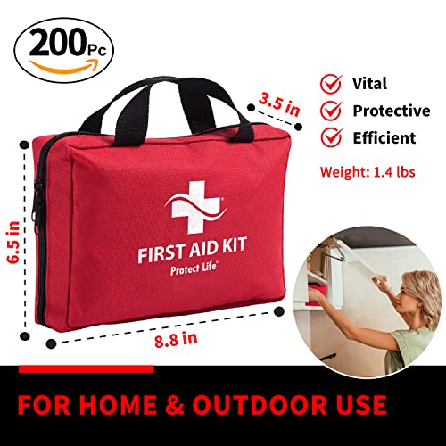 Protect Life First Aid Kit for Home/Business | HSA/FSA Eligible Emergency Kit | Hiking First aid kit Camping | Travel First Aid Kit for Car|Small First Aid Kit Travel/Survival Medical kit - 200 Pieces