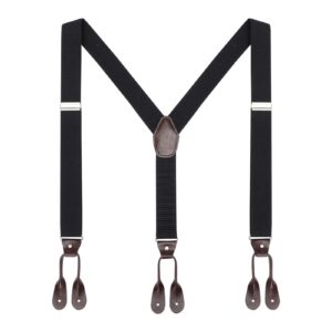 AWAYTR Mens Brown Button End Suspenders - Adjustable Elastic Y Shape Tuxedo Suspender (Black)