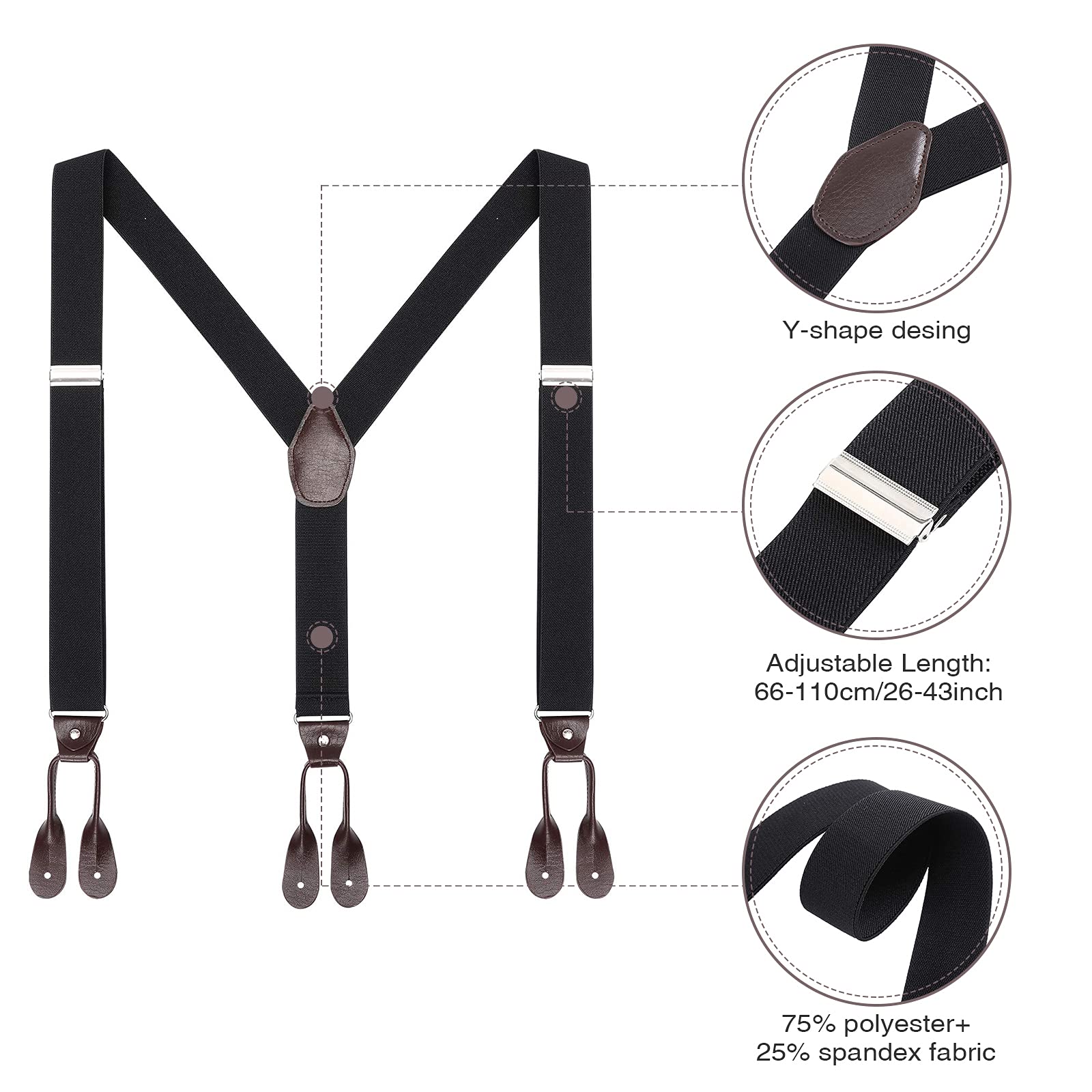 AWAYTR Mens Brown Button End Suspenders - Adjustable Elastic Y Shape Tuxedo Suspender (Black)