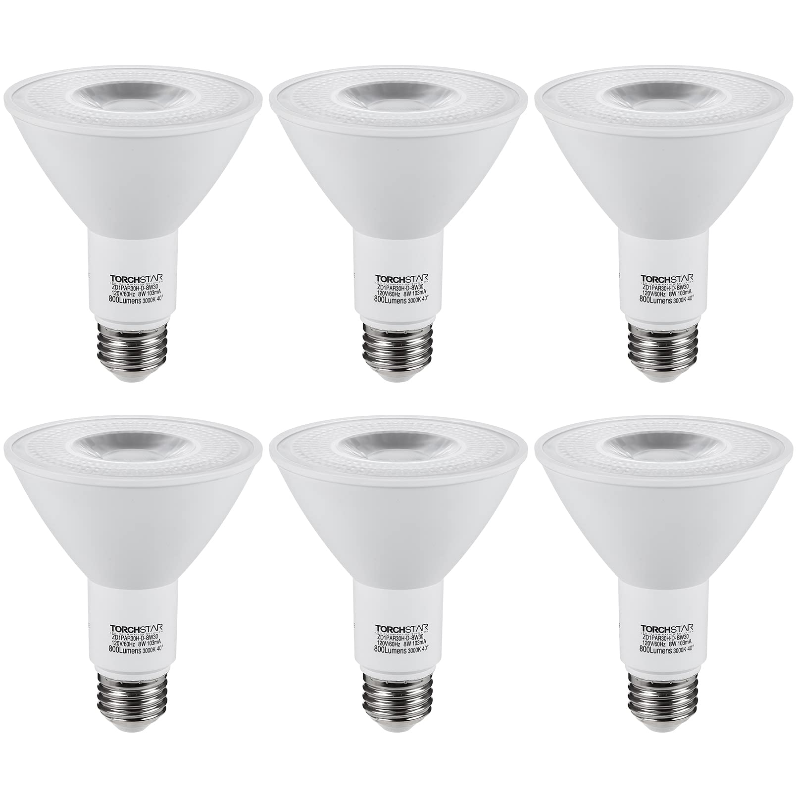 TORCHSTAR PAR30 Long Neck LED Bulb, CRI90+ Dimmable LED Spotlight Bulbs, 8W=75W, 3000K Warm White, UL & ES Listed, 800LM Super Bright, for Recessed Trim Lighting, Track Light, Pack of 6