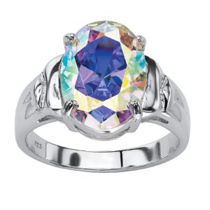 PalmBeach Jewelry .925 Sterling Silver or Yellow Gold-Plated Oval Cut Aurora Borealis Cubic Zirconia Ring Size 8