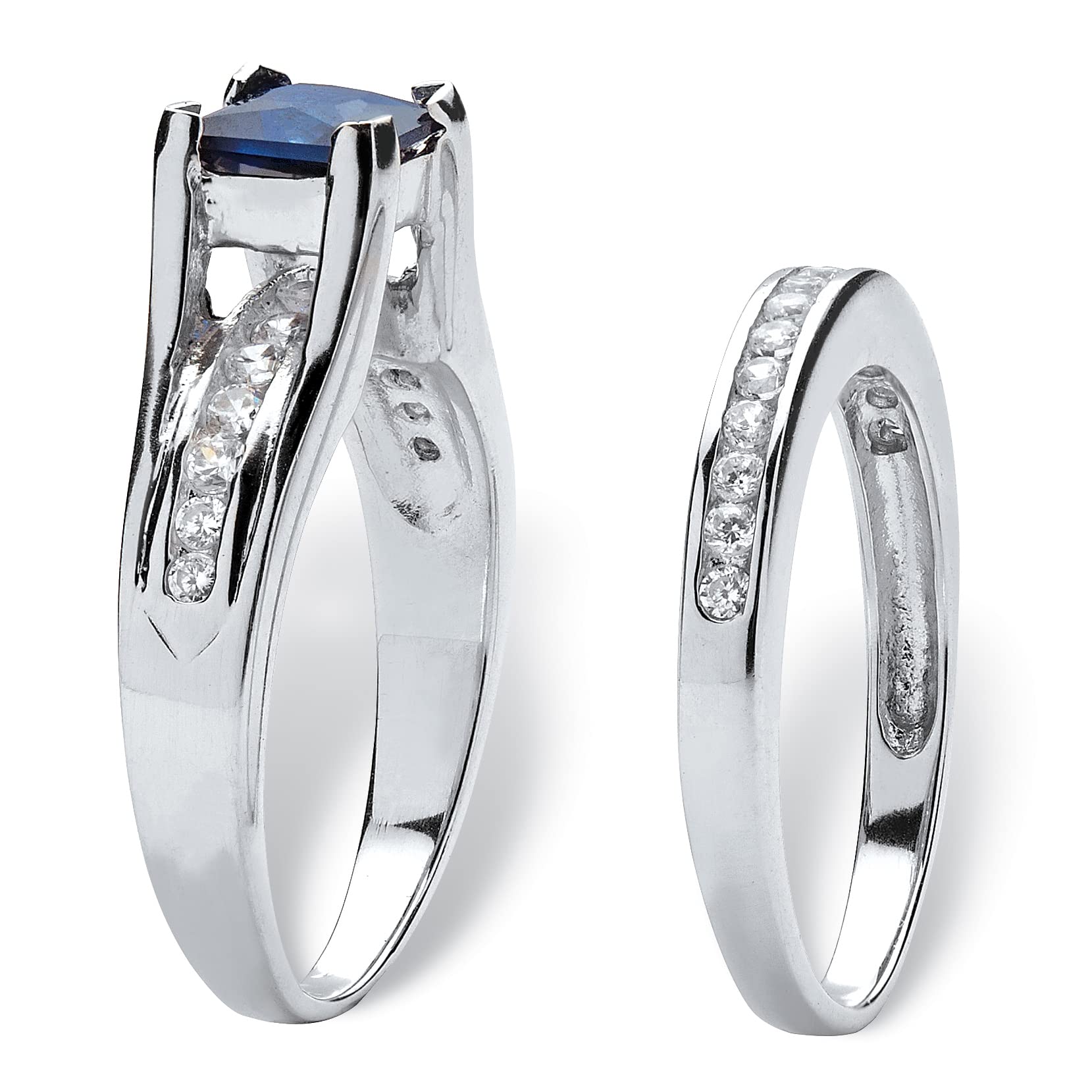 PalmBeach Jewelry Platinum Plated .925 Sterling Silver Princess Cut White Cubic Zirconia or Created Blue Sapphire Bridal Ring Set Size 7