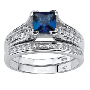 palmbeach jewelry platinum plated .925 sterling silver princess cut white cubic zirconia or created blue sapphire bridal ring set size 9