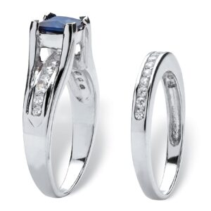 PalmBeach Jewelry Platinum Plated .925 Sterling Silver Princess Cut White Cubic Zirconia or Created Blue Sapphire Bridal Ring Set Size 9