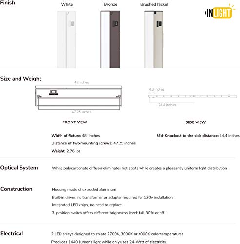 GETINLIGHT 3 Color Levels Dimmable LED Under Cabinet Lighting with ETL Listed, 48-inch, Warm White (2700K), Soft White (3000K), Bright White (4000K), White Finished, IN-0210-6