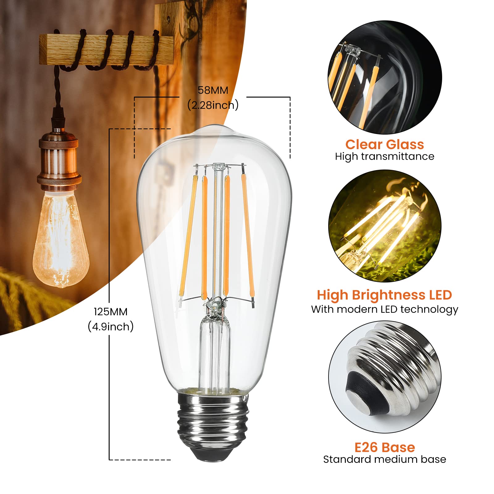 Lightique Vintage LED Edison Bulbs 60 Watt Equivalent, 6W Dimmable Edison Light Bulbs E26 Edison Bulbs ST58 LED Filament Bulb Soft White 2700K,Clear Light Bulbs for Decotate Home,Restaurant, 6 Packs