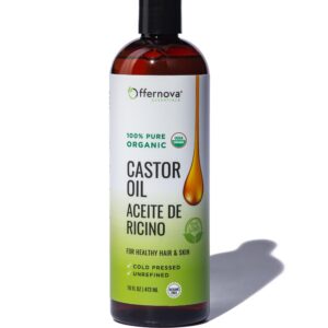 offernova castor oil 16 oz- aceite de ricino - cold pressed 100% pure, certified organic, hexane free for eyelashes, eyebrows, frizzy, hair growth women and men, beard growth