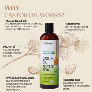 Offernova Castor Oil 16 OZ- Aceite de Ricino - Cold Pressed 100% Pure, Certified Organic, Hexane Free for Eyelashes, Eyebrows, Frizzy, Hair Growth Women and Men, Beard Growth