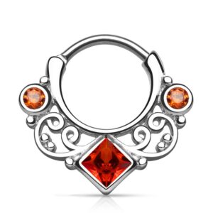 dynamique 16g lace swirl gem with square cz center septum clicker (red)