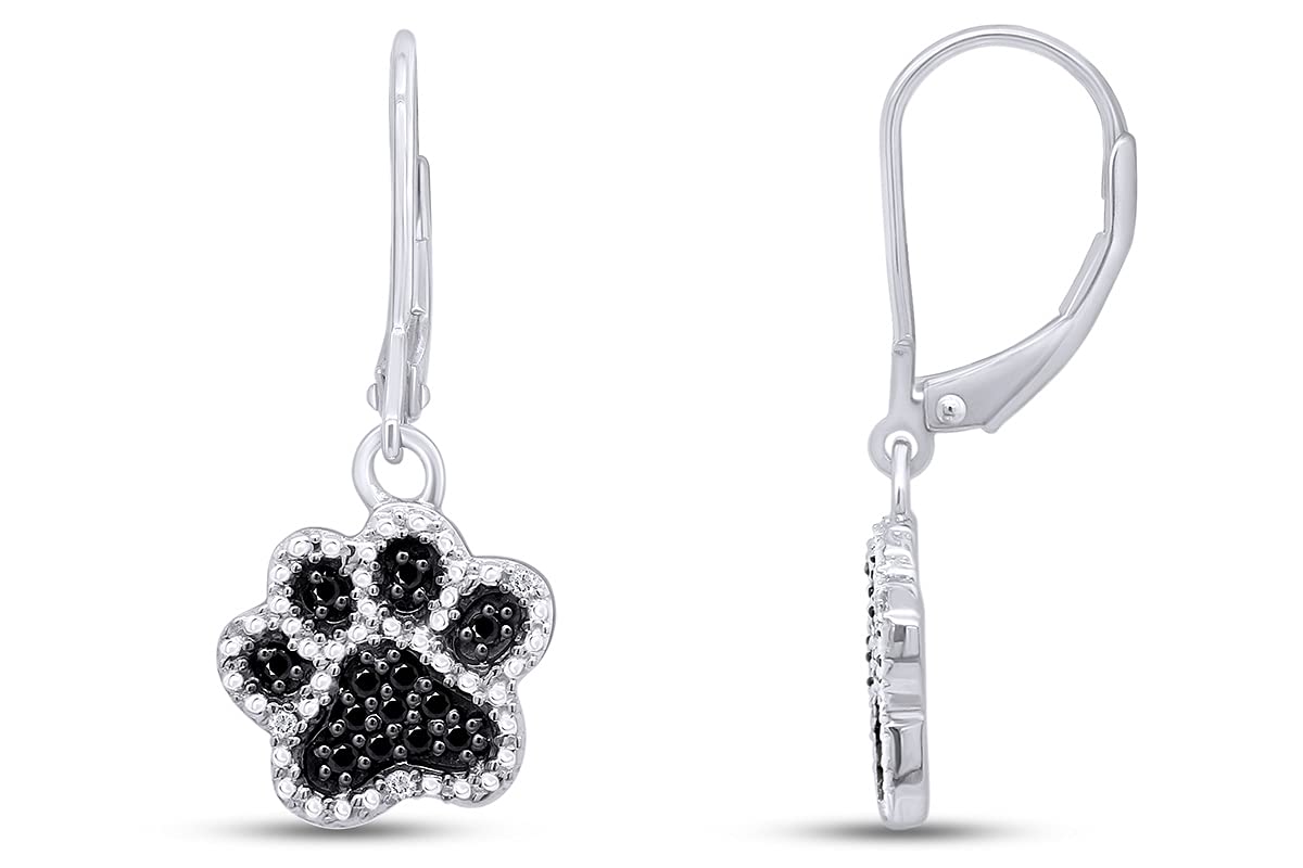 Black & White Natural Diamond Paw Print Dangle Earrings In 14K White Gold Over Sterling Silver (1/6 Ct)