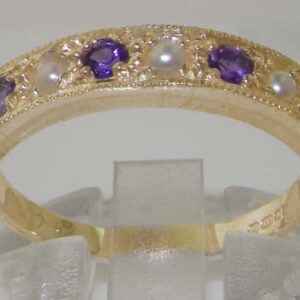 LetsBuyGold Solid 10k .417 Yellow Gold Cultured Pearl and Amethyst Womens Band Ring - Sizes 4 to 12 Available