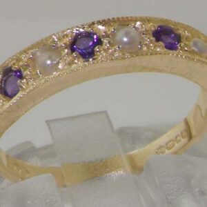 LetsBuyGold Solid 10k .417 Yellow Gold Cultured Pearl and Amethyst Womens Band Ring - Sizes 4 to 12 Available