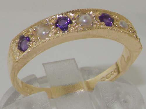 LetsBuyGold Solid 10k .417 Yellow Gold Cultured Pearl and Amethyst Womens Band Ring - Sizes 4 to 12 Available