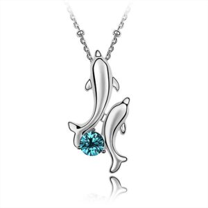 white gold plated happy play dolphins with round cubic zirconia crystal necklace fashion jewelry for women (a blue)