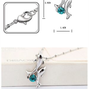 White Gold Plated Happy Play Dolphins with Round Cubic Zirconia Crystal Necklace Fashion Jewelry for Women (A Blue)