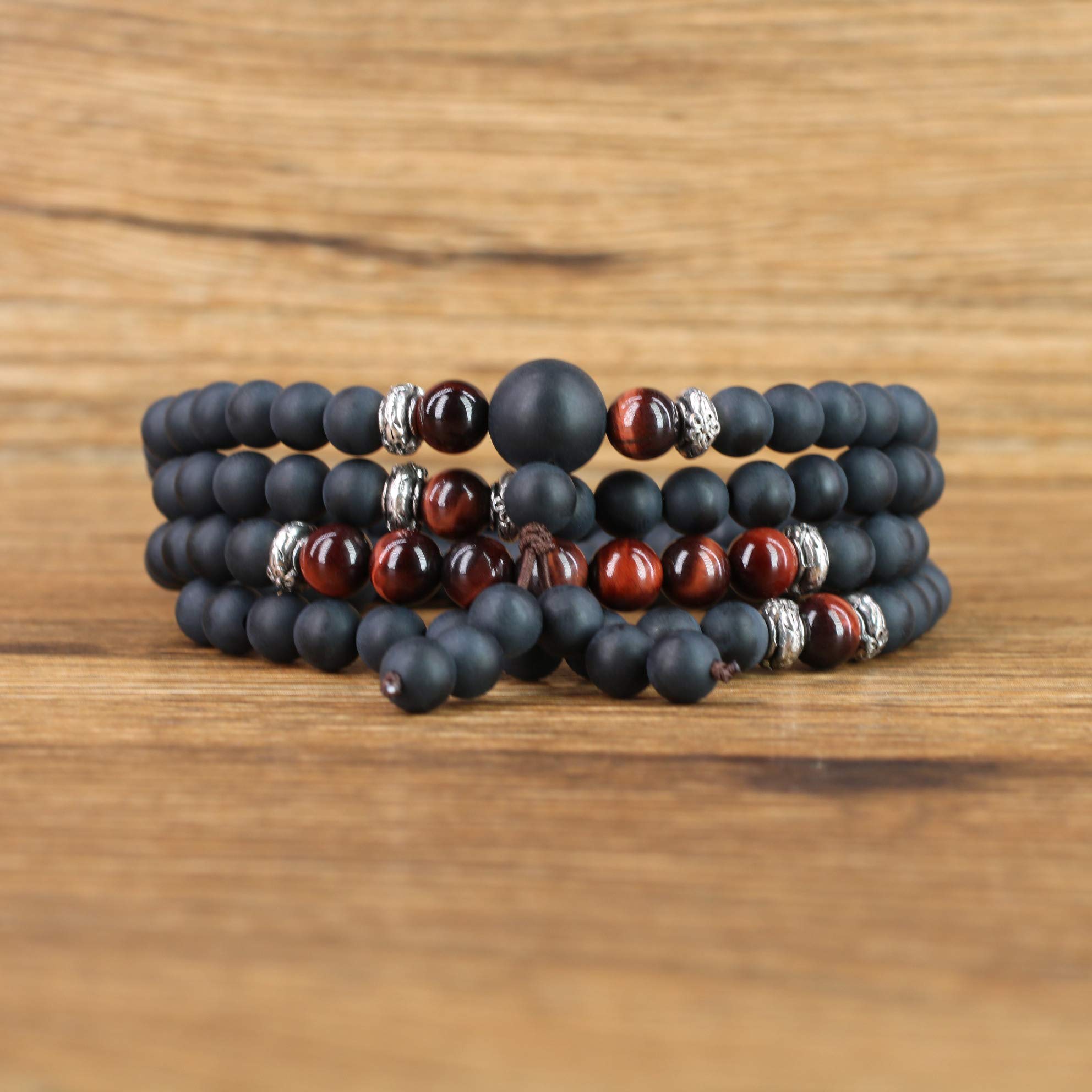 COAI Tibetan 108 Mala Beads Red Tiger Eye Matte Onyx Stone Wrap Bracelet Necklace