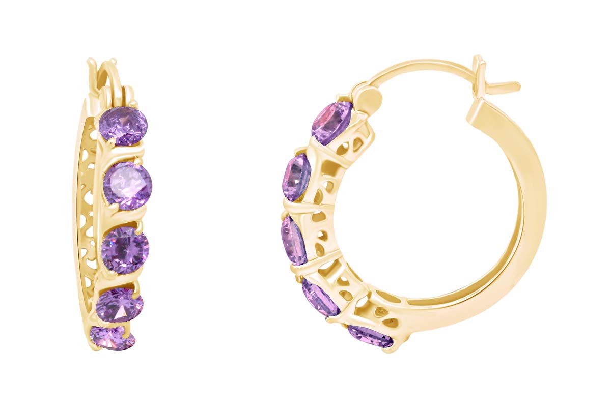 Round Cut Purple February Amethyst Birthstone Snap Closure Hoop Earrings In 14k Yellow Gold Over Sterling Silver