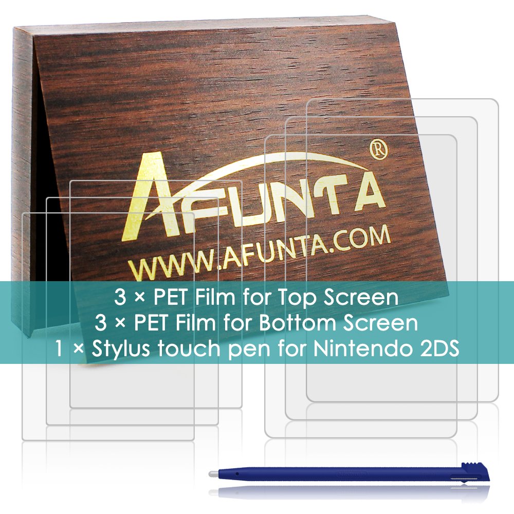 Screen Protector and Stylus Compatible 2DS, AFUNTA 3 Pack (6 Pcs) HD Clear PET Film for Top and Bottom Screen, with 1 Plastic Blue Screen Touch Pen