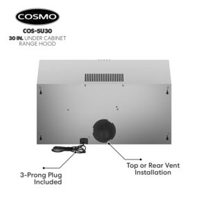 COSMO 5U30 30 in. Under Cabinet Range Hood with Ducted/Ductless Convertible (Kit Not Included), Slim Kitchen Over Stove Vent, 3 Speed Exhaust Fan, Reusable Filter, LED Lights in Stainless Steel