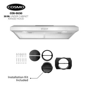 COSMO 5U30 30 in. Under Cabinet Range Hood with Ducted/Ductless Convertible (Kit Not Included), Slim Kitchen Over Stove Vent, 3 Speed Exhaust Fan, Reusable Filter, LED Lights in Stainless Steel