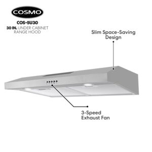 COSMO 5U30 30 in. Under Cabinet Range Hood with Ducted/Ductless Convertible (Kit Not Included), Slim Kitchen Over Stove Vent, 3 Speed Exhaust Fan, Reusable Filter, LED Lights in Stainless Steel