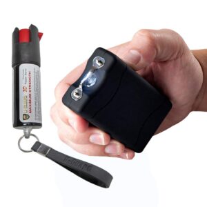 mini stun gun pocket pepper spray non lethal self defense weapons. kit has (1) rechargeable stun gun led light & (1) .5 oz pepper spray. compact mini stun gun stun gun color (black)