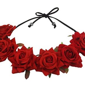 Floral Fall Rose Red Rose Flower Crown Woodland Hair Wreath Festival Headband F-67 (3-Red)