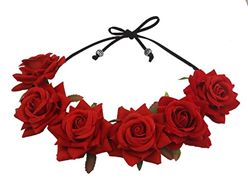 Floral Fall Rose Red Rose Flower Crown Woodland Hair Wreath Festival Headband F-67 (3-Red)