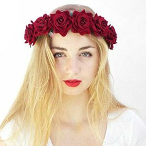 Floral Fall Rose Red Rose Flower Crown Woodland Hair Wreath Festival Headband F-67 (3-Red)