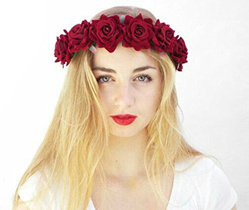 Floral Fall Rose Red Rose Flower Crown Woodland Hair Wreath Festival Headband F-67 (3-Red)