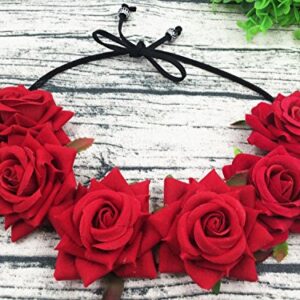 Floral Fall Rose Red Rose Flower Crown Woodland Hair Wreath Festival Headband F-67 (3-Red)