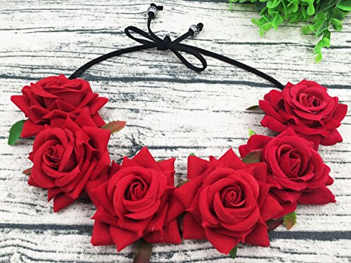 Floral Fall Rose Red Rose Flower Crown Woodland Hair Wreath Festival Headband F-67 (3-Red)