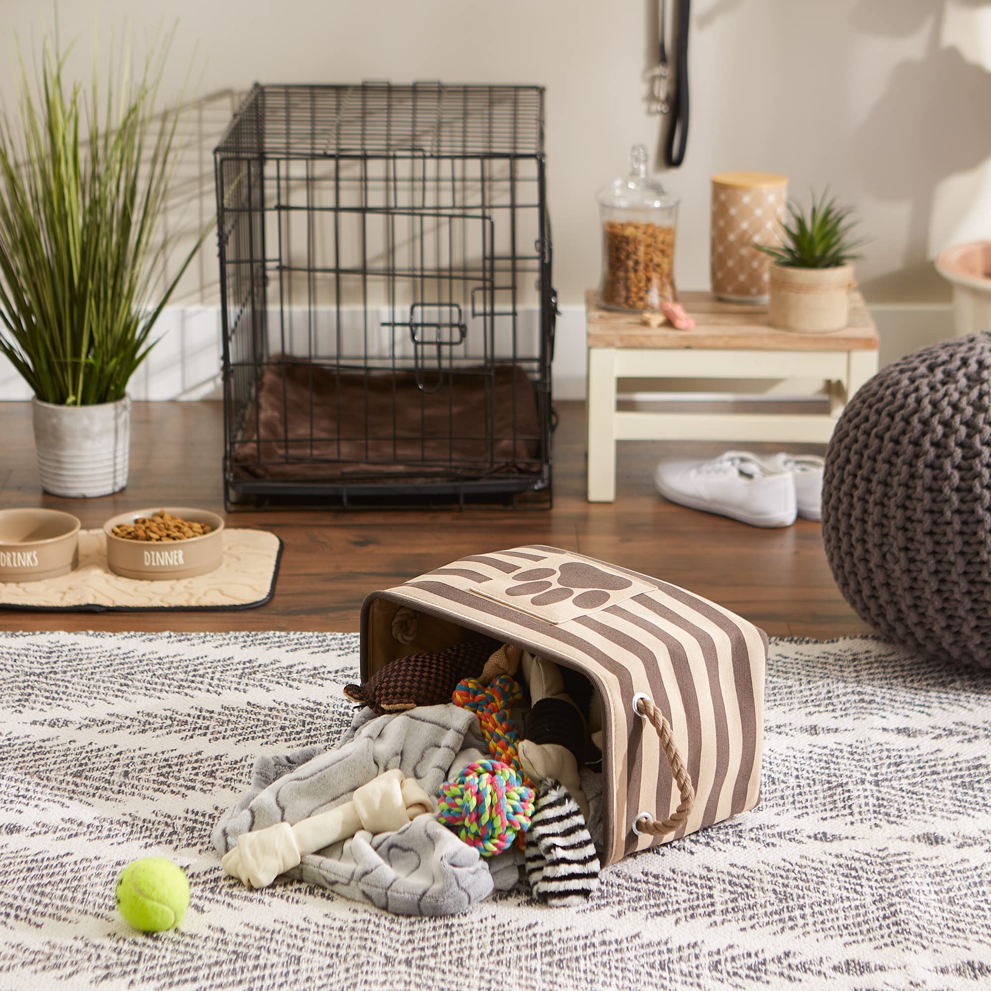 Bone Dry Pet Storage Collection Striped Paw Patch Bin, Small Rectangle, Brown