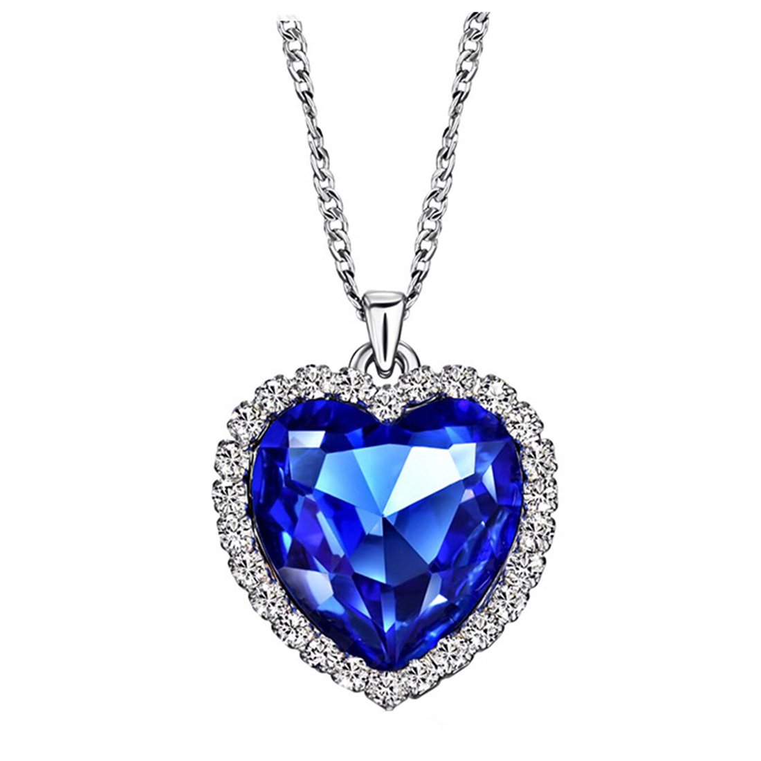 NEOGLORY Blue Crystals Heart Love Shaped Necklaces Jewelry, Heart of The Ocean Necklace from Titanic Crystal Pendant for Women Gift 18+2inch