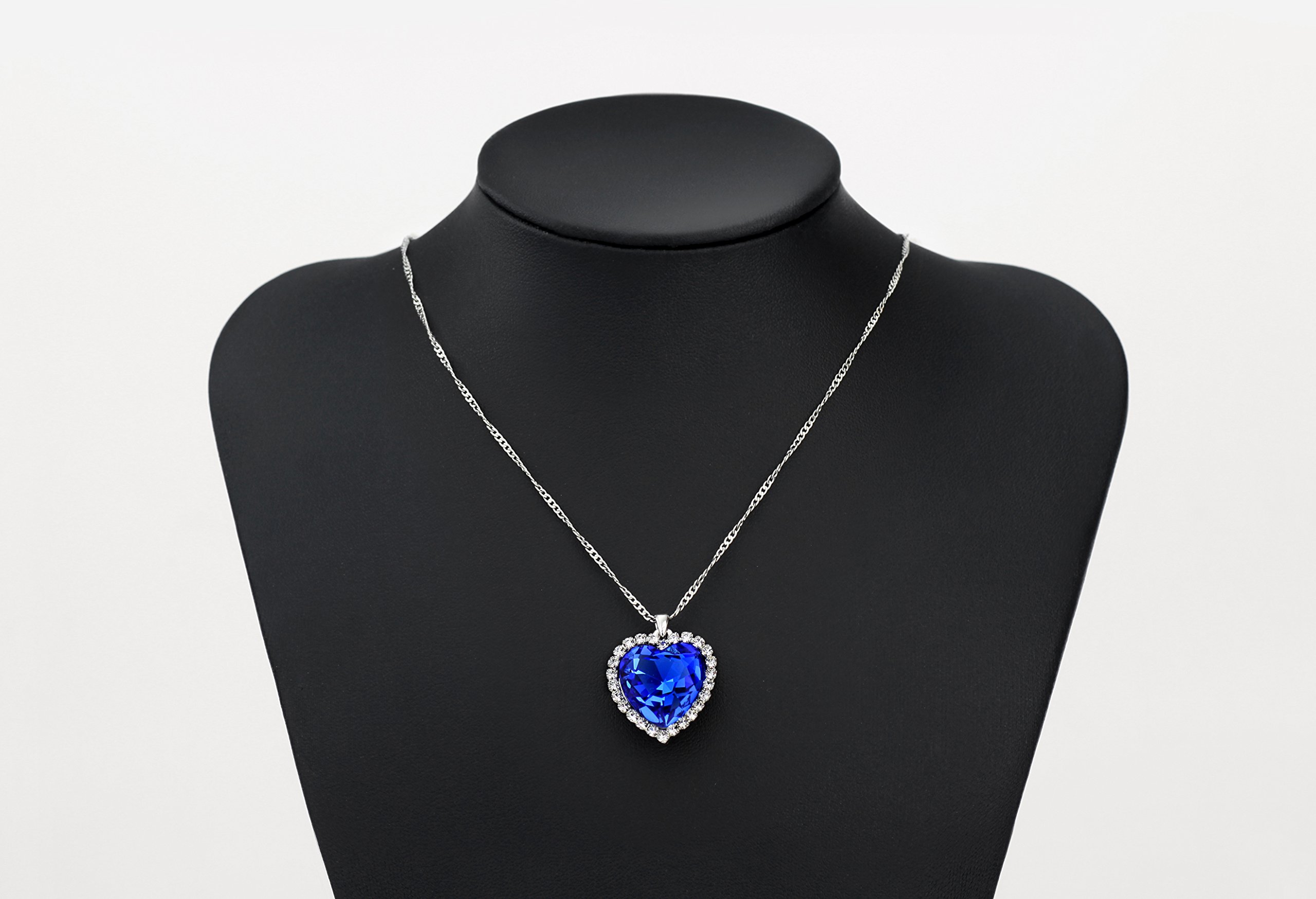 NEOGLORY Blue Crystals Heart Love Shaped Necklaces Jewelry, Heart of The Ocean Necklace from Titanic Crystal Pendant for Women Gift 18+2inch