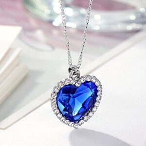 NEOGLORY Blue Crystals Heart Love Shaped Necklaces Jewelry, Heart of The Ocean Necklace from Titanic Crystal Pendant for Women Gift 18+2inch